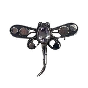 Vintage Small Dragonfly Light Purple Gemstone Sterling Silver Brooch